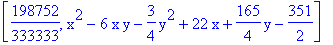 [198752/333333, x^2-6*x*y-3/4*y^2+22*x+165/4*y-351/2]